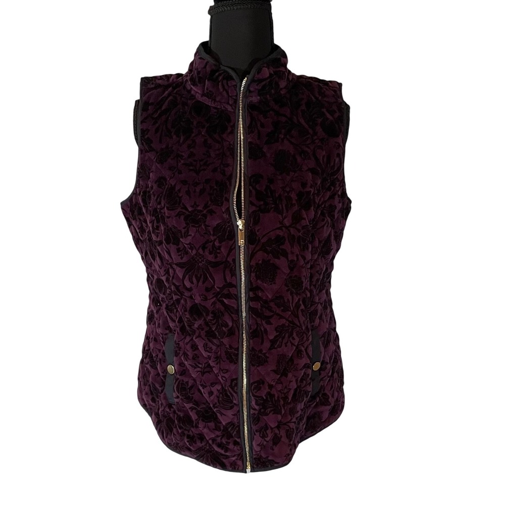 Charter Club Womens Quilted Velvet Floral Vest Size S Zip Front Pockets Plum
